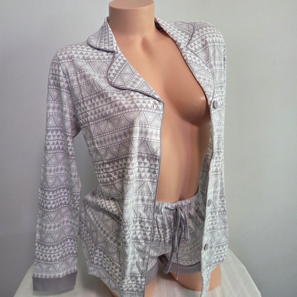 Cosabella Grey Geometric Tribal Print Pajama Set Long Sleeve Top Shorts PJ XS